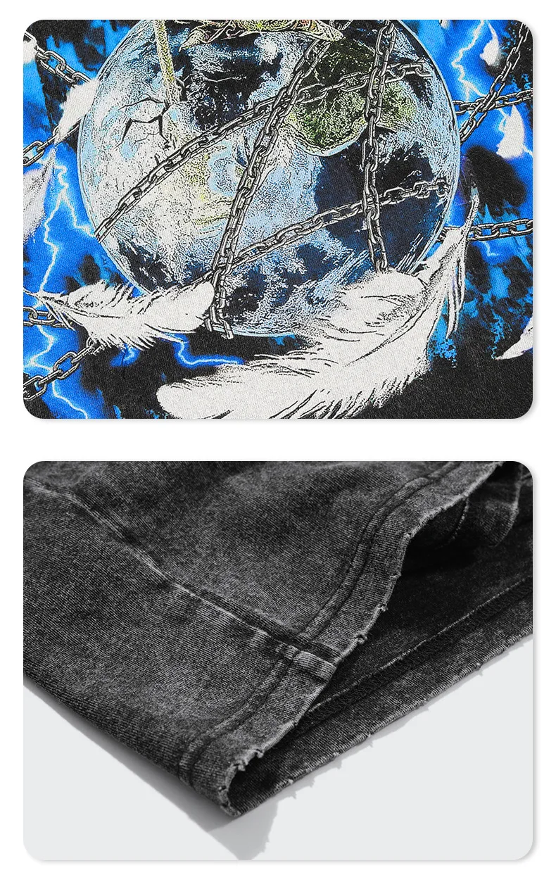 2022 Summer High Street European And American Dark Washing Tide Men's T-shirt Printed Vintage Men's Short Sleeved T-shirt