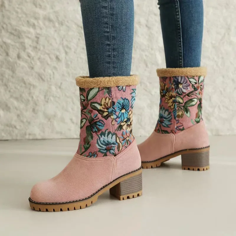 Snow boots, suede, autumn and winter new thick soles, thick heels, warm cotton shoes, flower patchwork mid length boots