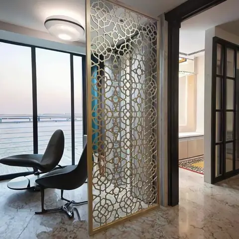 럭셔리 모던 스테인리스 스틸 알루미늄 레이저 컷 메탈 룸 디바이더 실내외 장식용 스크린 파티션 황동 디자인