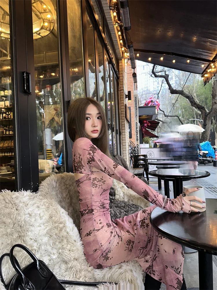 Sukienki Damskie z Długim Rękawem Sukienka dla Kobiety na Wesele Imprezę Wiosenna Szyfonowa Aplikacja Wstążki Falbany Bez Talii Minimalistyczny Styl OL