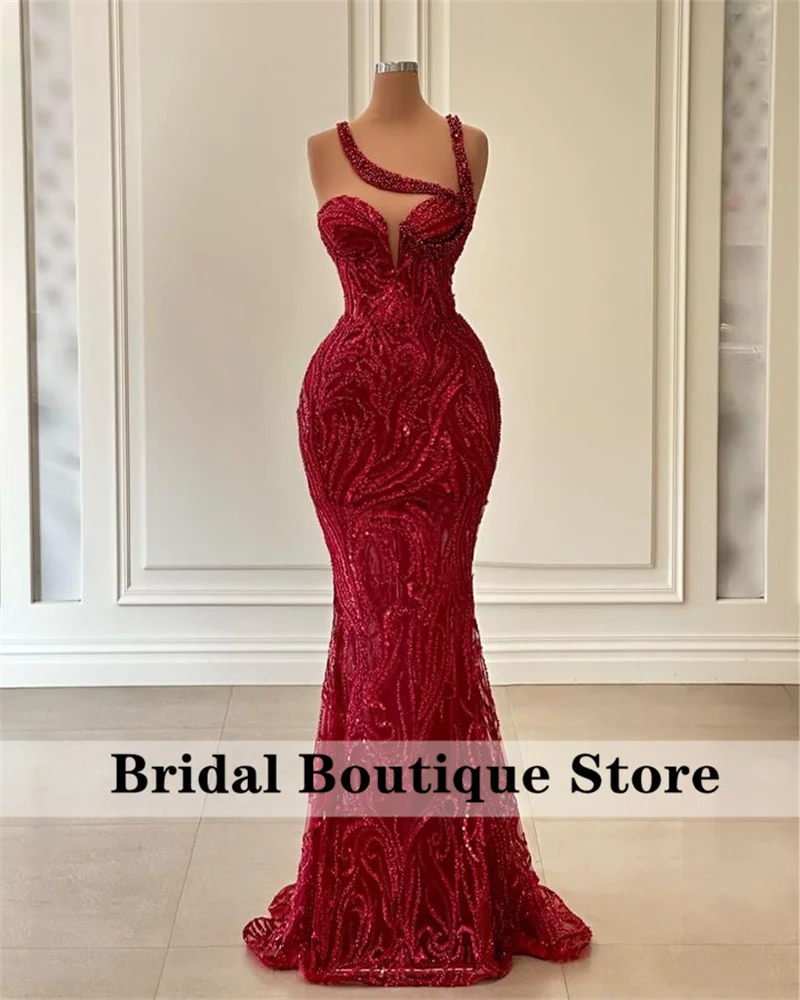 Sparkly Red Dubai Mermaid Evening Dresses Glitter Beads Sequins Straps Formal Prom Dress Wedding Gowns Robe De Soirée Customized