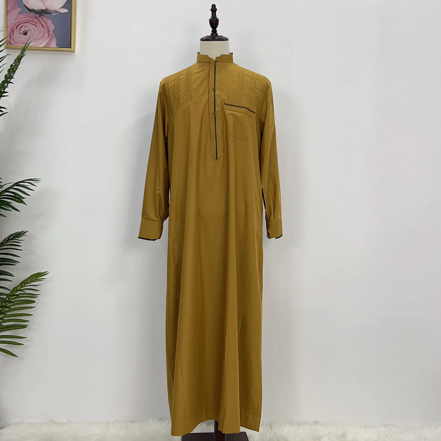 Men's Muslim Robe Ramadan Jubba Kaftan Djellaba Arabian Robe Prayer Robe Long Sleeve Loose T-shirt Dress Buttons Tunic Islamic