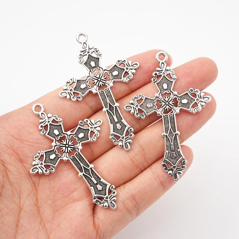 5Pcs Gothic silver hollow filigree cross pendant, relief cross pendant, necklace, bracelet, jewelry making accessories