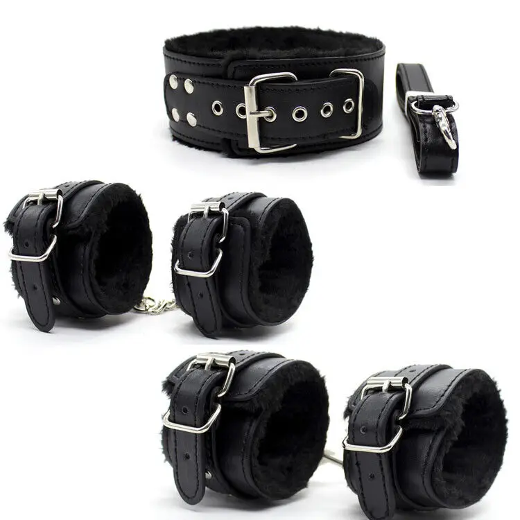 

PU Leather Handcuffs Ankle Cuffs Neck Collar Leash Chain BDSM Restraints Slave