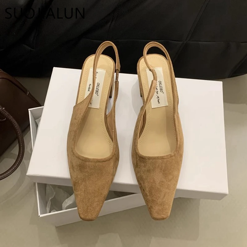 SUOJIALUN 2024 Spring New Sandal Shoes Fashion Shallow Slip On Ladies Slingback Shoes Squaew Low Heel Outdoor Dress Mules Pumps