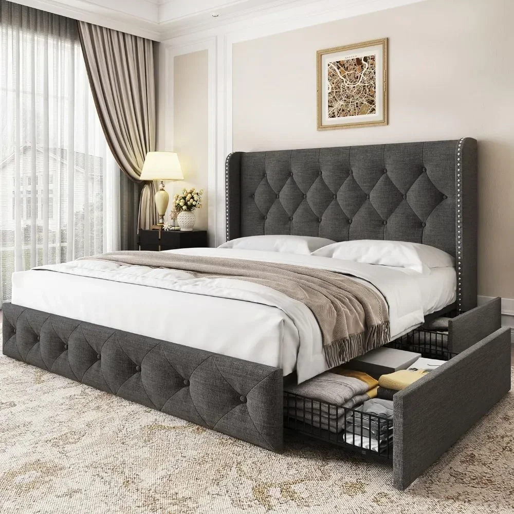 

Bed Frame Linen Upholstered Bed with Storage Drawers and Wingback Headboard Tufted Platform Beds Frame with Wood Slats Support