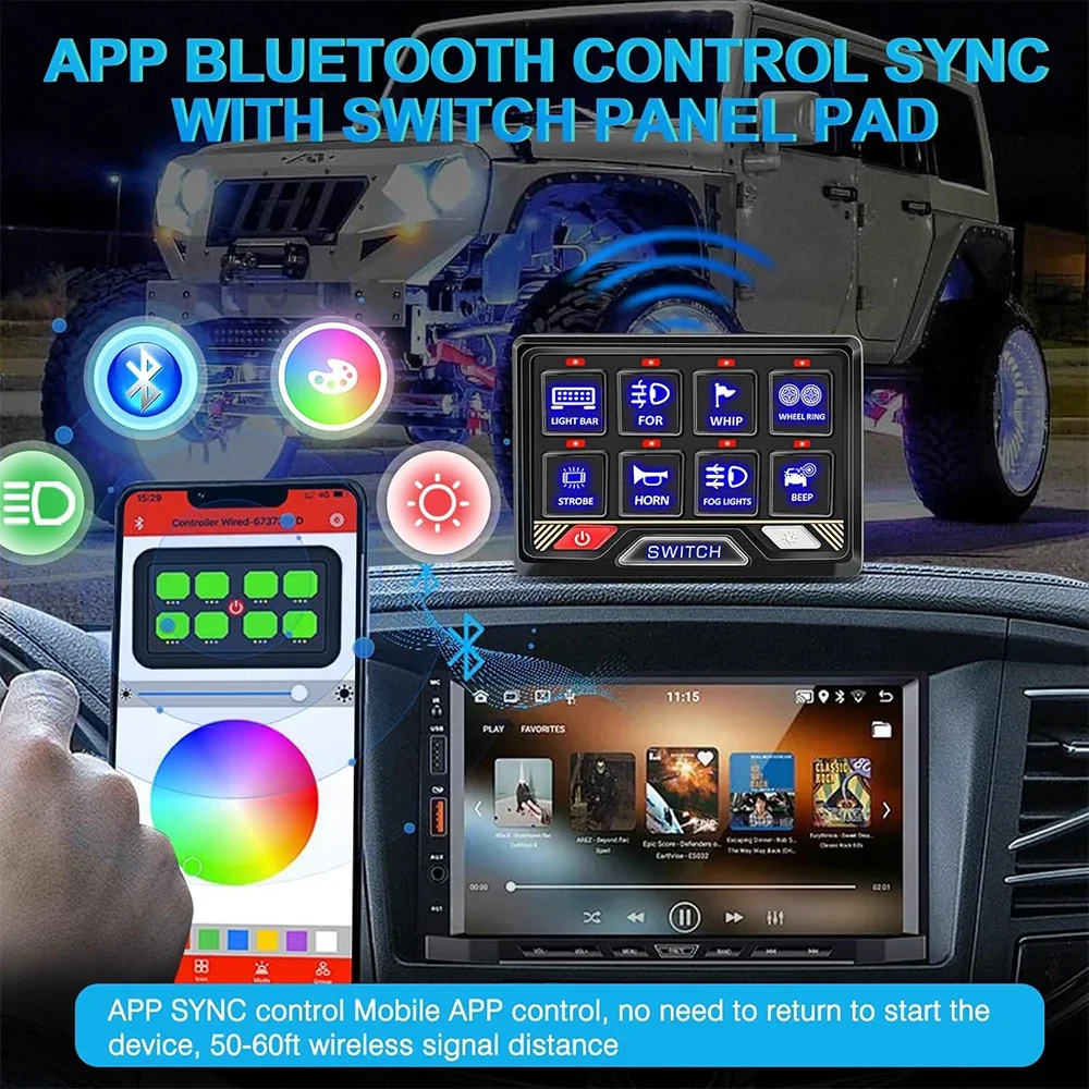 High Quality 8 Gang APP Control Switch Panel with Flashing RGB Indicator for 4x4/Offroad Car LED Accessories 12V Circuit Control