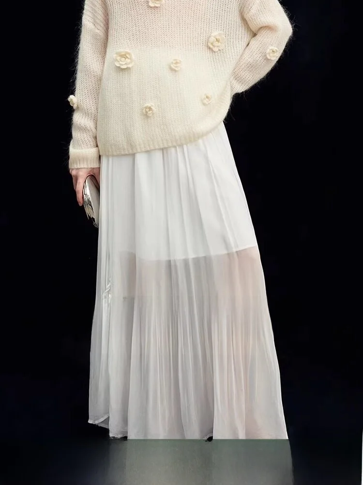 

MIIINE Sweet Ruffle Hem A-Line Skirt Airy Mesh 3D Pleats Girl's Casual Polyester Fiber Loose Fit Autumn New Arrival