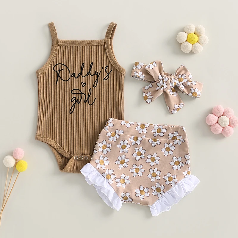 

Newborn Infant Baby Girl Summer Clothes Suits Letter Print Knit Rib Sleeveless Romper Floral Print Shorts Headband 3Pcs Set