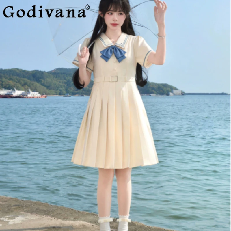 

Summer Sweet Japanese Cute College Jk Dresses Fashion High Waist A-line Versatile Age-reducing Short Sleeve Pleated Dress Women