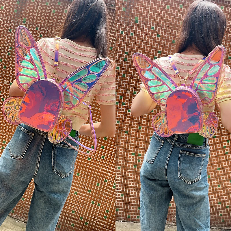 Funny Angel Butterfly Wings Backpack Women\'s Laser School Backpack for Girl Travel Casual Daypack School Bag Holographic Leather