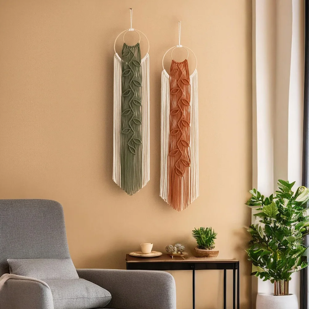 20x95cm Bohemian Bamboo Ring Fringed Tapestry. Hand-woven Tapestry With Colorful Fringes As Background For Wall Hanging.