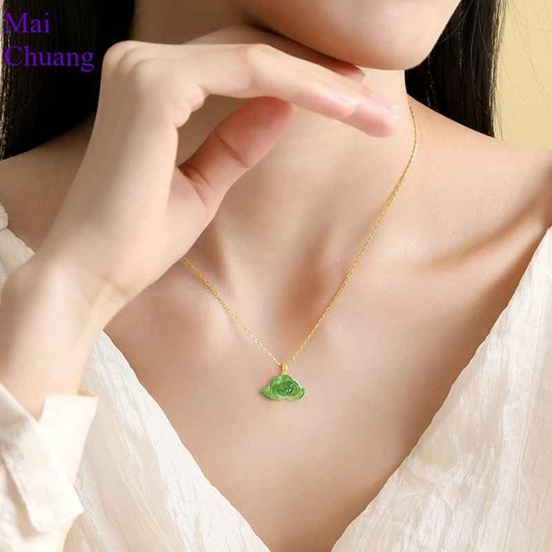 18K Gold Buckle Inlaid Natural Hetian Jade Jasper Lotus Necklace Pendant Jade Men Give Women Fine Jewelry Accessories Gifts