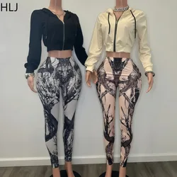 HLJ Fashion 2 Piece Sets Woman Outfit Solid Long Sleeve Zip Hoodies Crop Top + Print Patchwork Pants Suit Female Clothing 2025