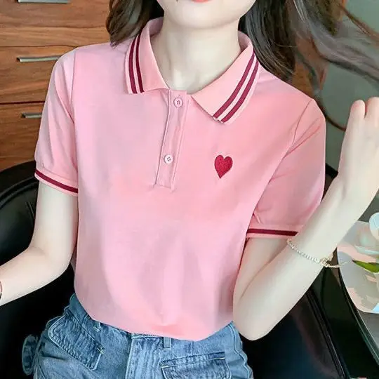 

Women's polo shirt short sleeve t-shirt summer new embroidery loose versatile workwear t-shirt