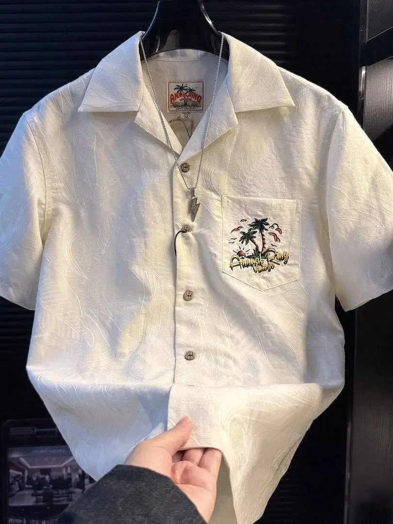 

Retro American Cuban Collar Short Sleeve Embroidered Casual Shirt for Men Summer New Style Coconut Tree Holiday Wear