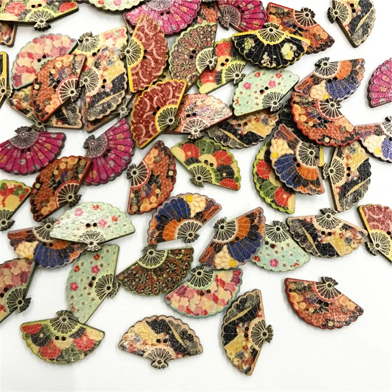 50PCS Mixed Wooden Sewing Buttons Scrapbooking Fan Mixed Two Holes Retro Crafts Home Decor Accessories DIY 30MM Craft Buttons