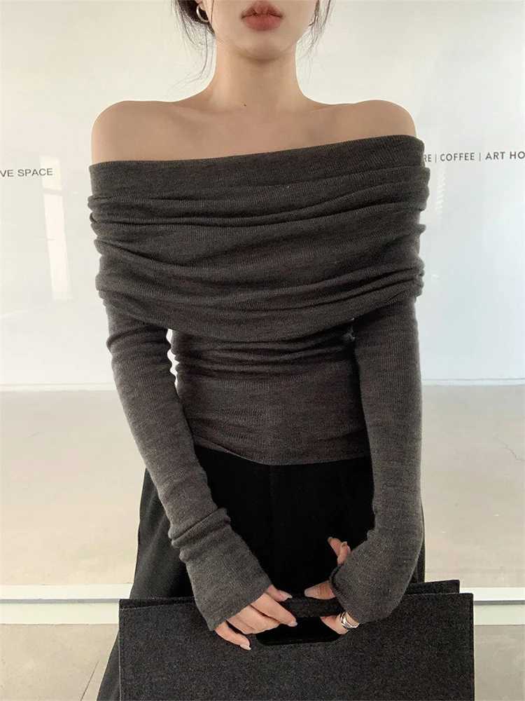 Off Shoulder Long Sleeve Tops Women Autumn Slim Pleated T-shirt Female Sexy Fashion Casual Thin Knitted Sweater Ladies 2023