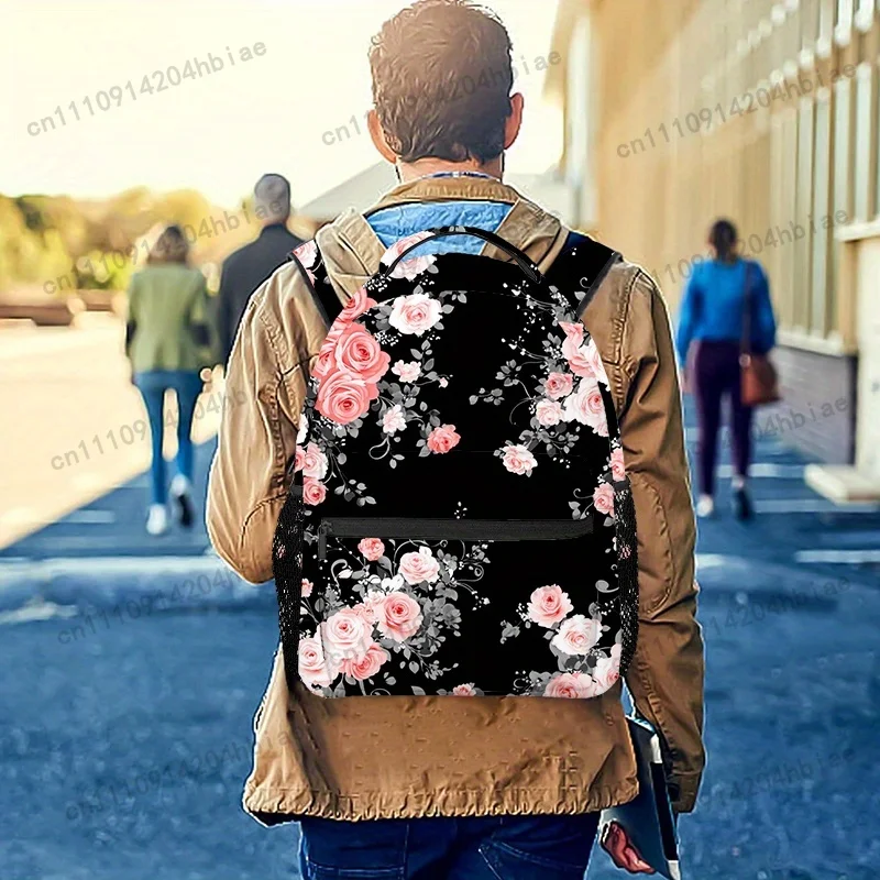 Elegant Black Floral Backpack with Pink Roses - Lightweight, Adjustable Strap, Zipper Closure, Durable Polyester Material - Idea view 5