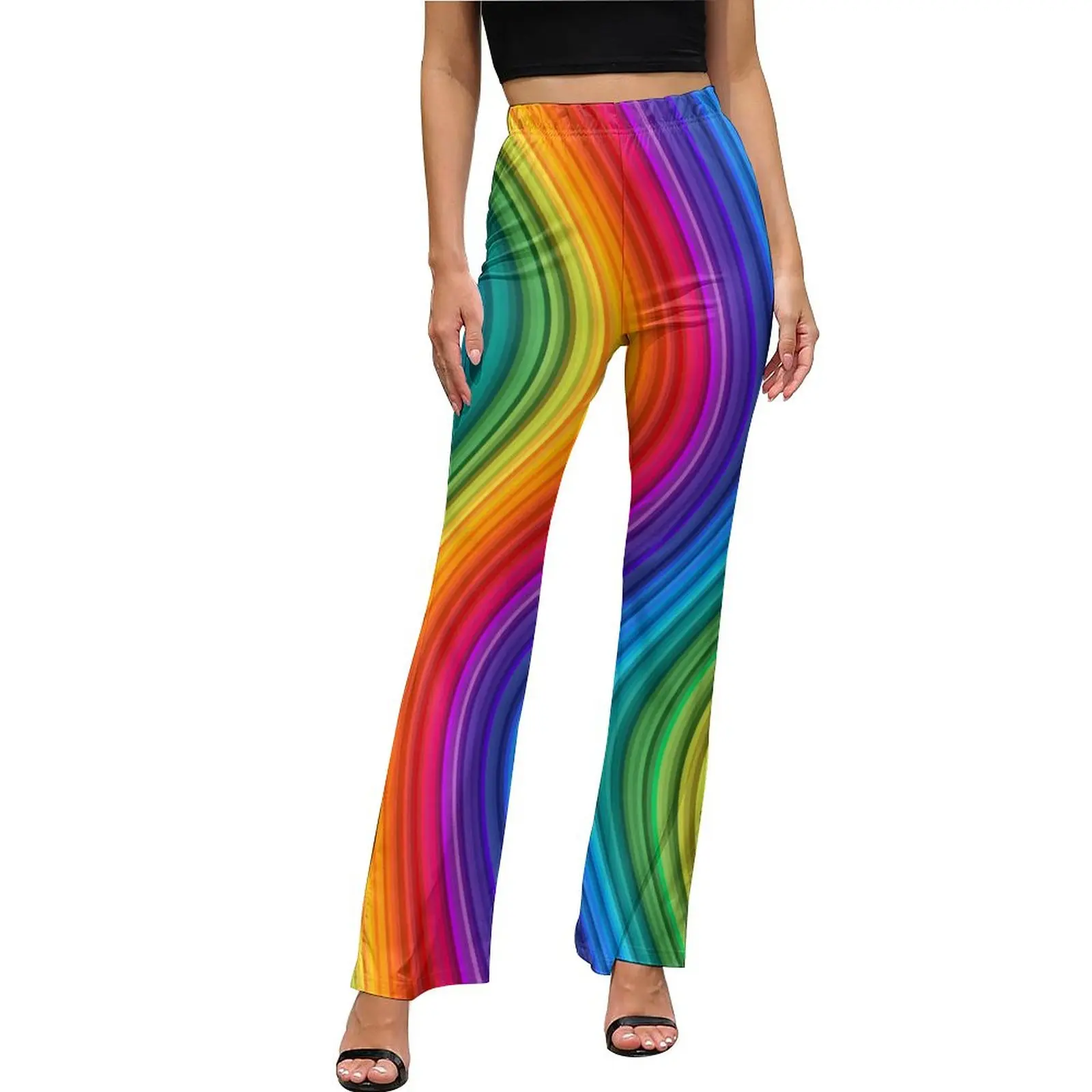 

Rainbow Wave Pants Glittering Swirl High Waist Modern Flared Trousers Summer Graphic Streetwear Pants Gift Idea