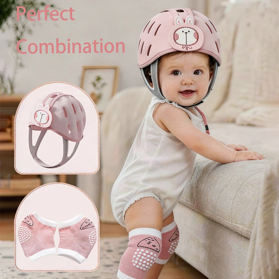 2-teiliges Set, 1 Set Baby-Anti-Fall-Hüte + Knieschoner, Baby-Lauf- und Krabbelset, Cartoon-Tier-Design mit rutschfesten Knieschonern, Anti-Kollisions-Schutzset für Kleinkinder, geeignet zum Krabbeln, Laufen und Spiele – Detail 3