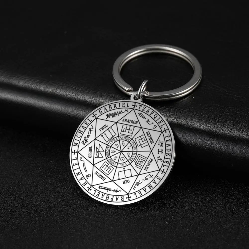 Trendy Mens Keychain Religious Totem Rune Scripture Titanium Steel Round Accessories Seven Angels Magic Array Pentagram Keychain