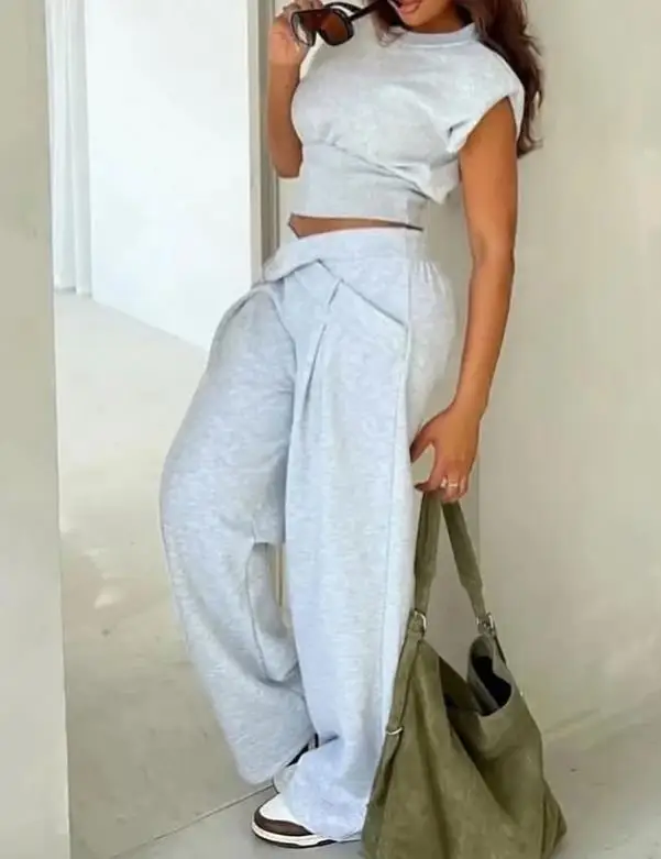Two Piece Set Women Outfit New O-Neck Sleeveless Crop Top & Criss Cross Front Casual High Waist Wide Leg Sweatpants Pants Set