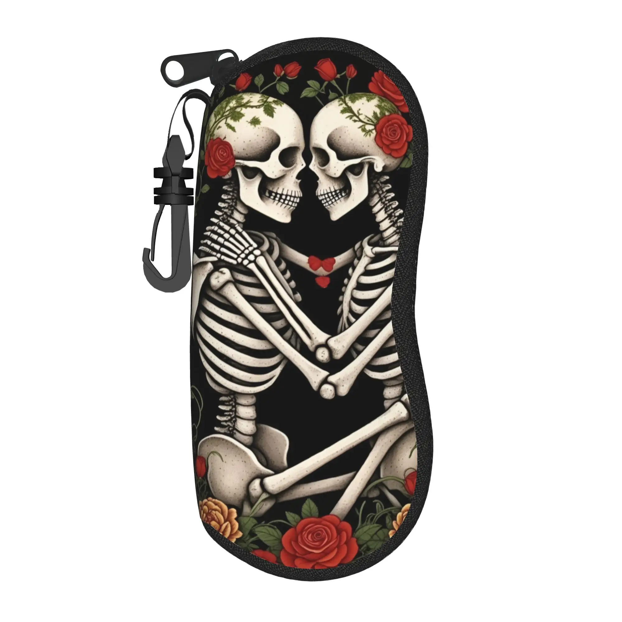 Lovely Cartoon Glasses Case Skeleton Love Gothic Floral Skull Kiss Zipper  Glasses Storage Box Anti-Pressure Eyewear Container