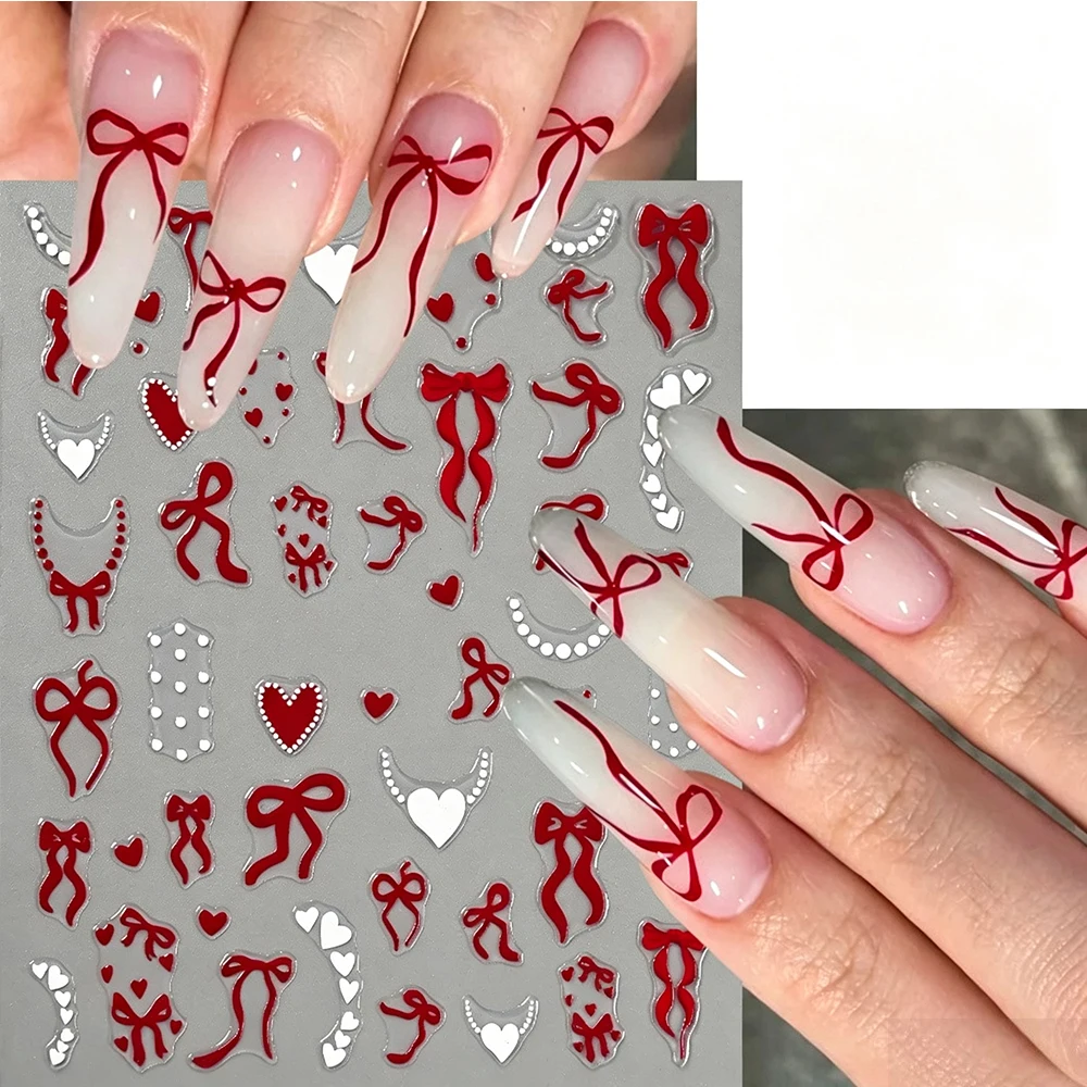 1PC Red Heart Nail Stickers Holographic Iridescent Bow White French Half Moon Nail Decals for Beauty Nail Art