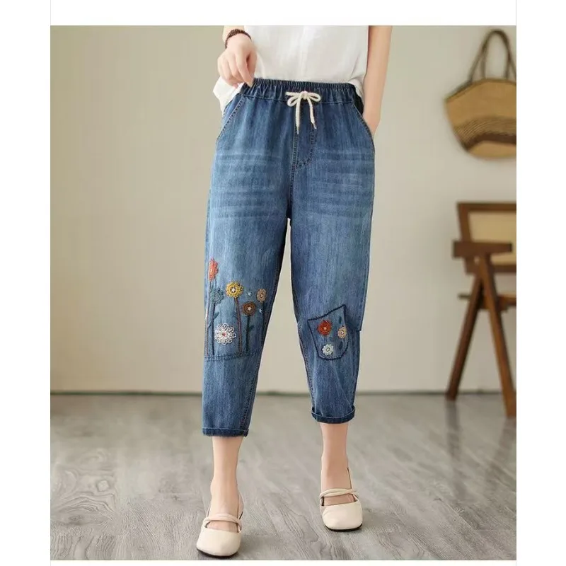 

woman clothes Women's Summer New Retro Jeans Elastic Waist Embroidery Loose Harem Thin Slimming Plus Size 8 Length Denim Pants