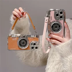 Luxury Retro Stereo Camera Hand with Lanyard Phone Case For iPhone 16 15 14 Plus 13 12 11 Pro Max Leather Pattern Case