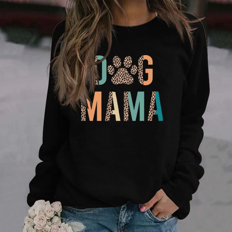 Women Fashion Leopard Dog Mama Dog Paw Print Round Neck Pullovers Casual Sport Outdoor Long Sleeves Ladies Hoodeless Sweatshirts