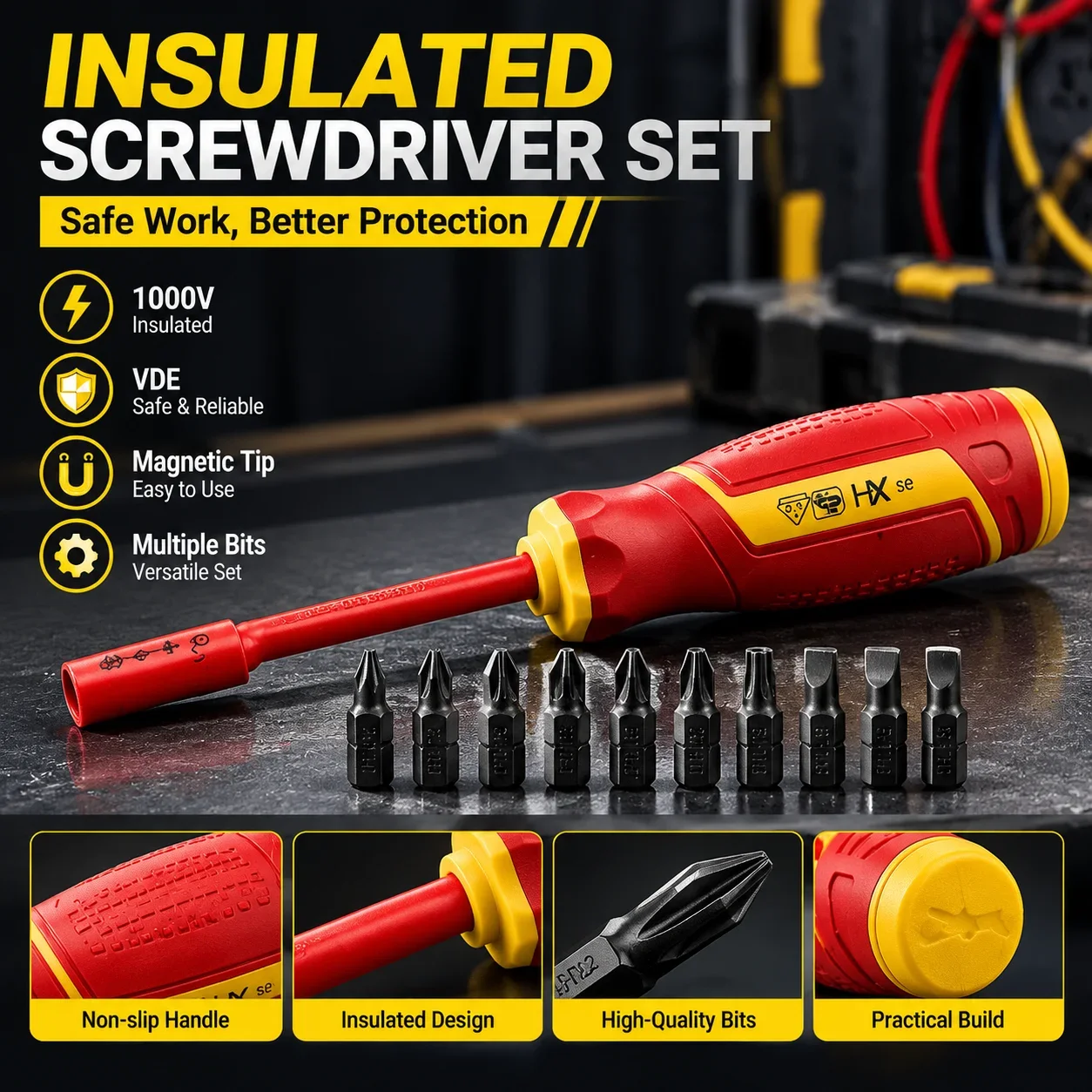 Insulated Screwdriver Set Magnetic Phillips Slotted Bits Interchangeable Multi-Purpose Electrician Tool Motorcycle Repair