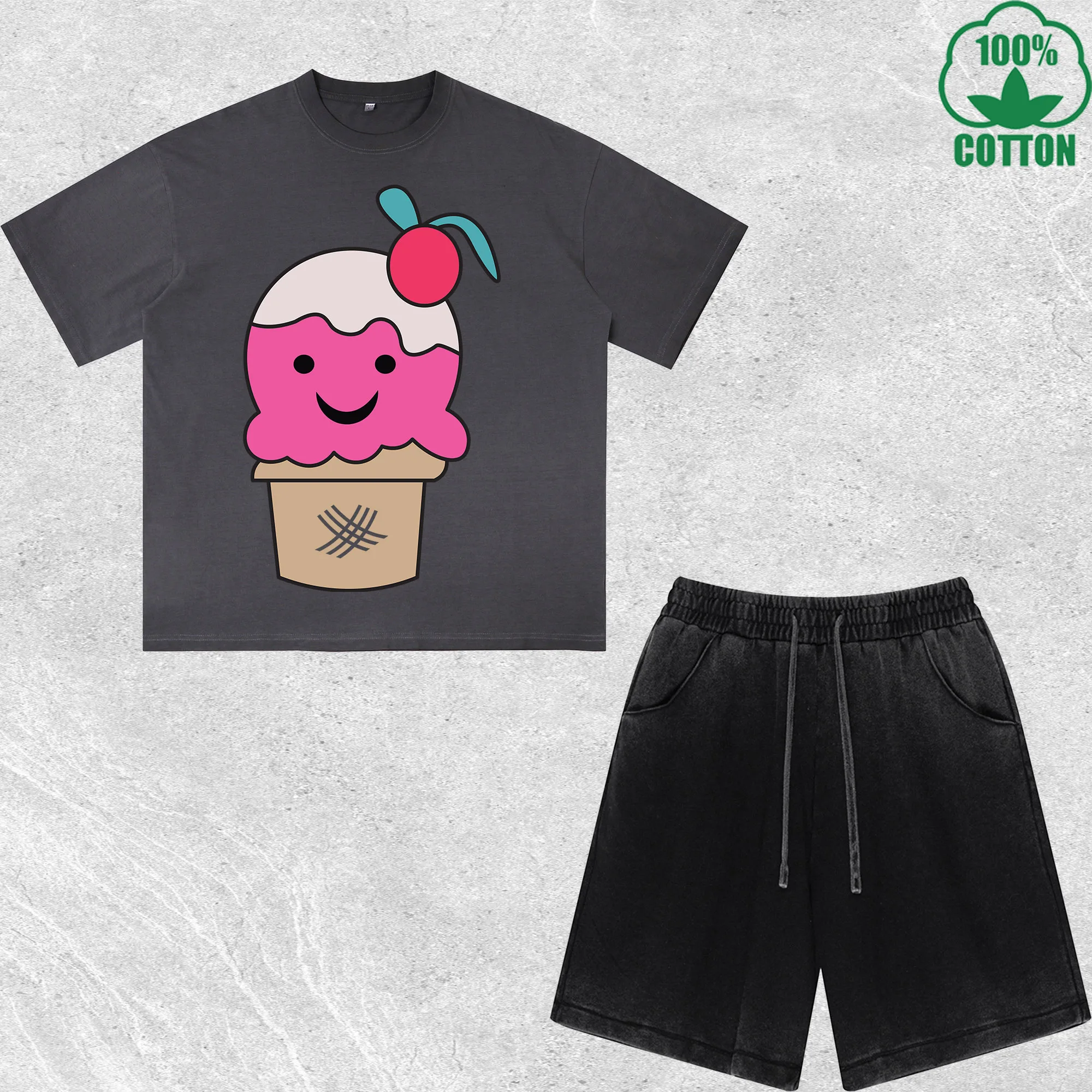 

Ice Cream Printed Dirty Wash T-Shirt Shorts Set Multicolor Combo Loose Trendy Fashionable 100%Cotton