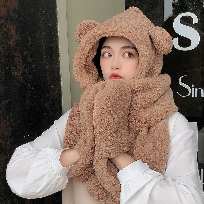 Lamb Velvet Hat Woman Winter Warm And Cold Hooded Scarf Gloves 3-in-1 Sets  Female Cute Bear Ear Protection Cotton Cap With Ears