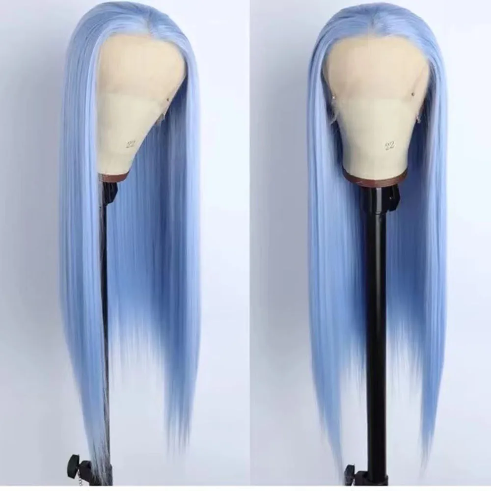 # 60 Parrucca bionda platino Parrucche anteriori in pizzo sintetico per le donne Parrucca lunga diritta setosa Capelli in pizzo Grigio Blu Rosa Parrucca frontale Cosplay