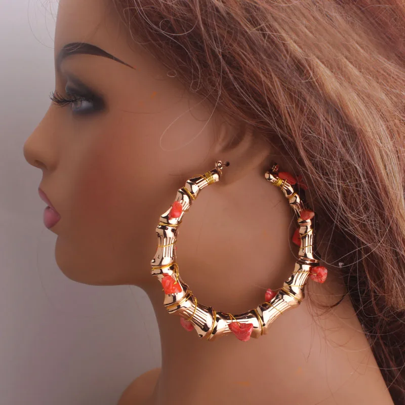 

4ujewelry African Jewelry Earrings Round Gold Plated Bamboo Nature Coral Nigeria Earrings For Women 2023 Trendy