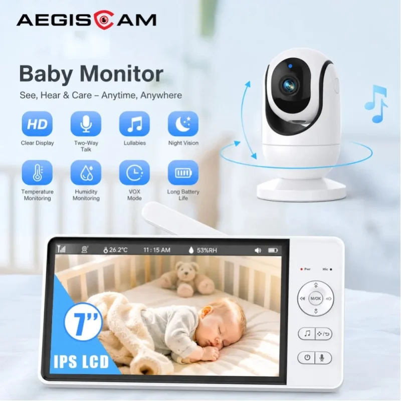 Babyphone mit Kamera und Audio 7 Zoll Großer Bildschirm Digitaler Videomonitor Zwei-Wege-Kommunikation Nachtsicht Temperaturanzeige Beruhigende 8 Schlaflieder 355 °   Schwenk-Neige-Babykamera mit