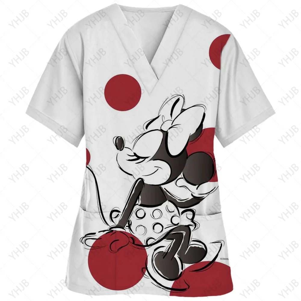 Kobiety z krótkim rękawem strój pielęgniarki pracowników szpitala Disney Minnie nadruk Mickey graficzny t-shirt z dekoltem w szpic ubrania robocze