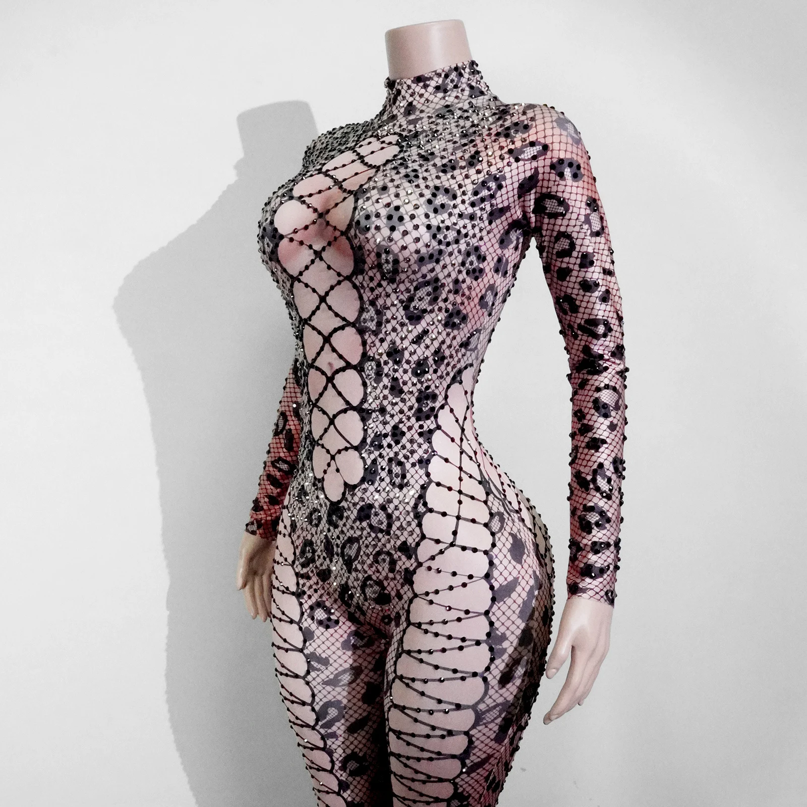 Sexy leopardo impressão net vestido apertado para mulher de manga comprida corte rendas vestido apertado para clubes festas e discotecas