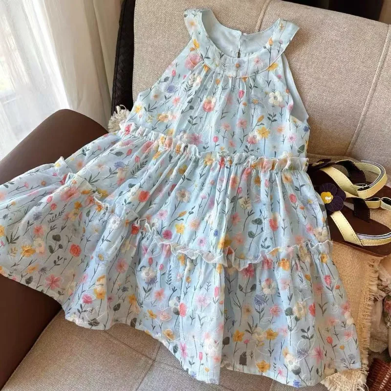 Summer Girls Halter Floral Dress 2026 Trendy Halter Design Delicate Floral Print Sweet and Lovely Light Style Suitable for Daily