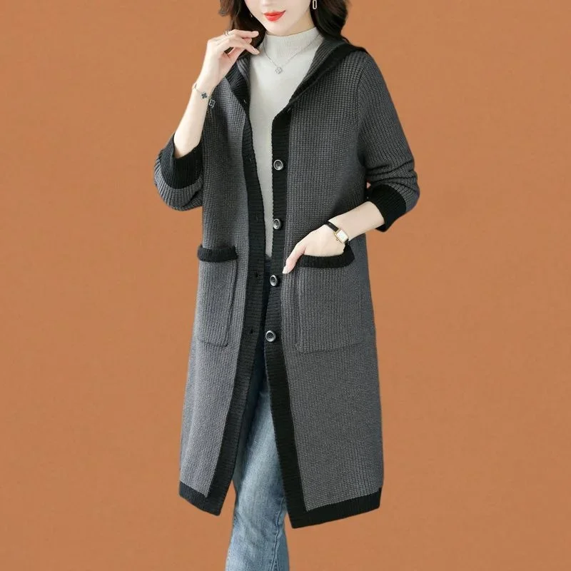 

Pop Pop 2025 Long Hooded Knit Sweater Outerwear For Women's Autumn Winter New Loose Fitting Slim And Stylish Cardigan Mother Woo