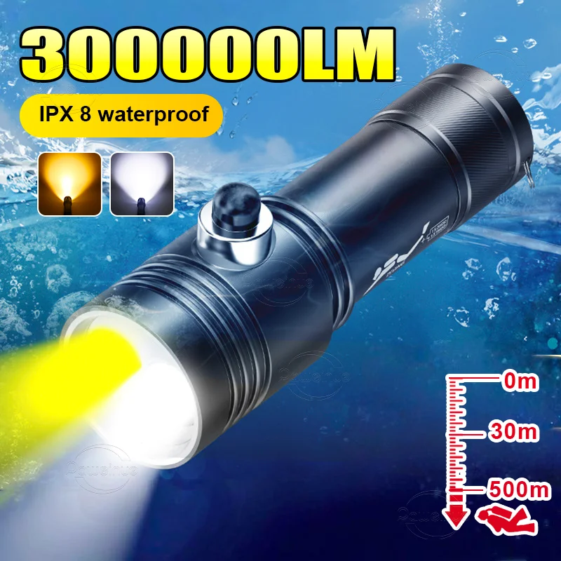 

LED Diving Flashlight 2*P100 Strong Light Focus Torch Aluminum Alloy IPX8 Waterproof Submersible Lighting at Night Diving Light