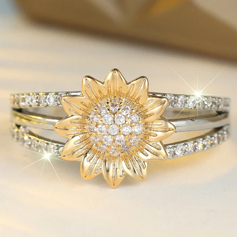 خاتم مرصع بالزركونيا المكعبة بتصميم عباد الشمس الأنيق، مناسب للحفلات والارتداء اليومي ومجوهرات الأزياء النسائية #2