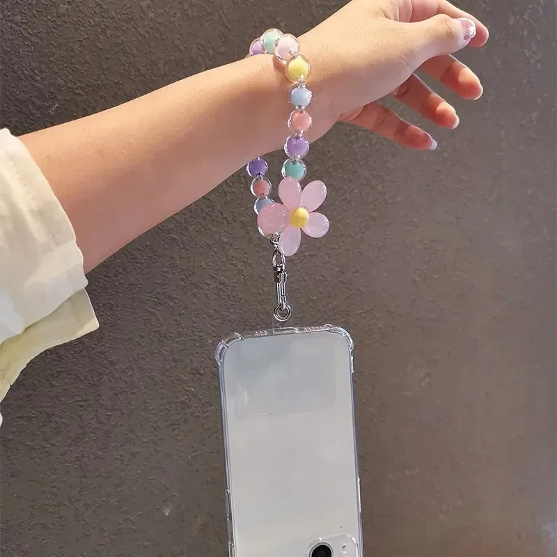 

Colorful Beaded Phone Lanyard for Women Anti Lost Wrist Strap with Round Pendant Handheld Mobile Phone Chain Accessory