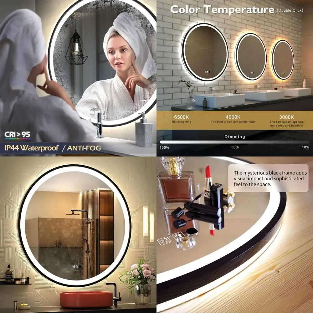 

Round LED Sensor Mirror, Black Frame, Vanity Illuminated, Dimmable Anti-Fog, Waterproof Wall-Mounted, 32 x 32