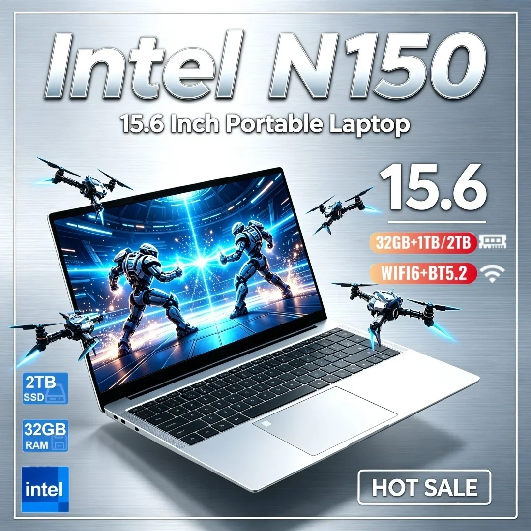 15.6 Inch Hot Sale Ultra Slim Laptop Intel N150 16/32GB RAM Portable 1TB/2TB Big SSD Windows11 Notebook Office Study