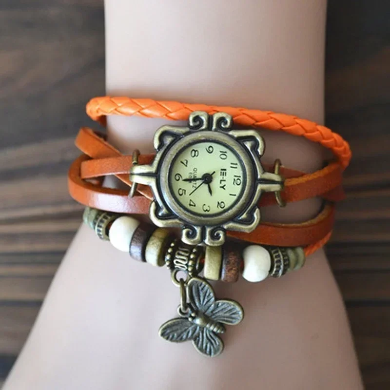 retro Leather Hand Woven Lady Watch Antique Copper Thin Strap Bracelet Pendant Exquisite Trendy Quartz Watch hand decor supplies
