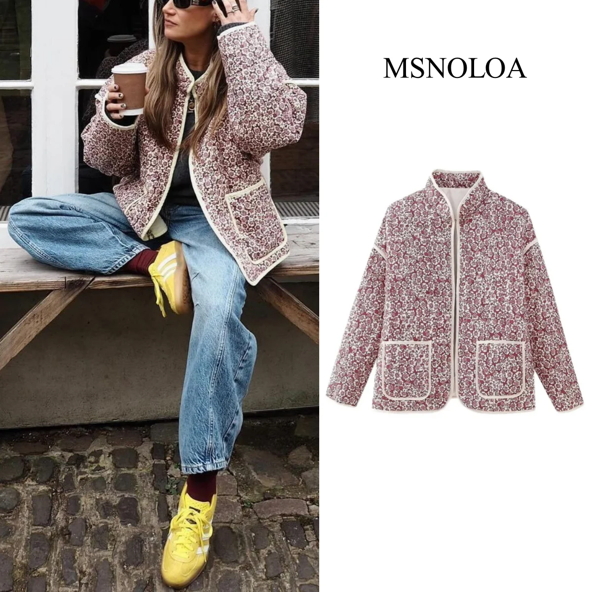 MSNOLOA 2024Quilted Jacket Fall And Winter New Floral Print Thickened Stand-Up Collar Cotton Jacket Fashionable Women\'s Jacket