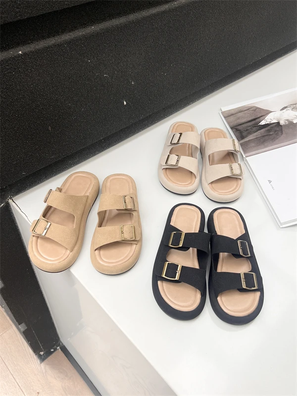 

Beige Heeled Sandals Flat Shoes Female Slippers Casual Low Flock Black Luxury Soft Leisure Back Strap Fabric Rubber Fashion Soli